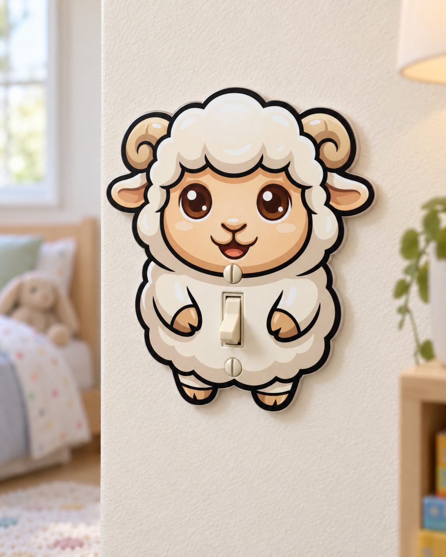 Fluffy Sheep Light Switch Cover on a bedroom wall, mounted over a toggle switch