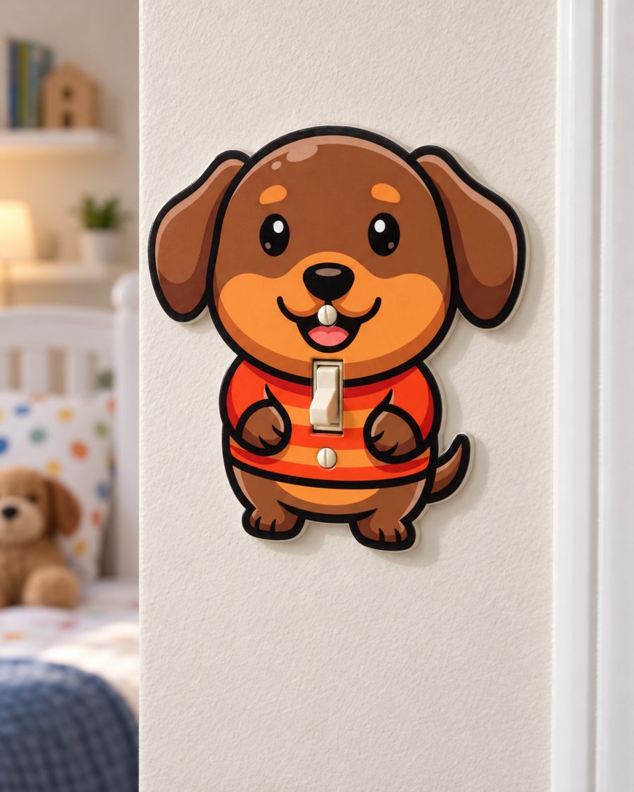 Sweater Dachshund Light Switch Cover on a bedroom wall, mounted over a toggle switch