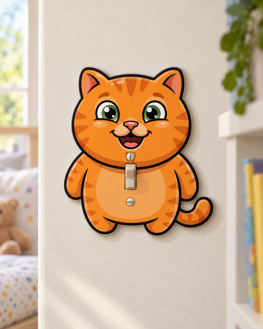 Green Eyed Tabby Light Switch Cover on a bedroom wall, mounted over a toggle switch
