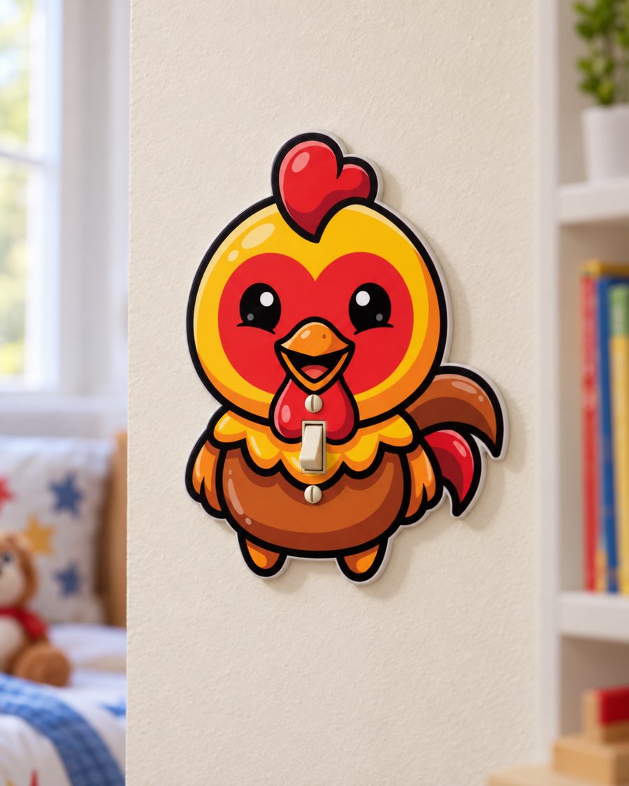 Barnyard Rooster Light Switch Cover on a bedroom wall, mounted over a toggle switch