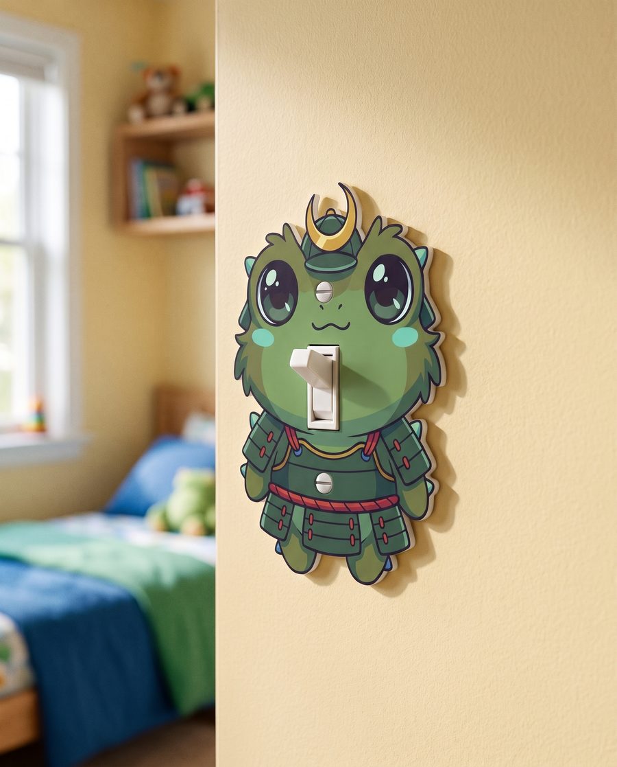 Samurai Frog Light Switch Cover on a bedroom wall, mounted over a toggle switch
