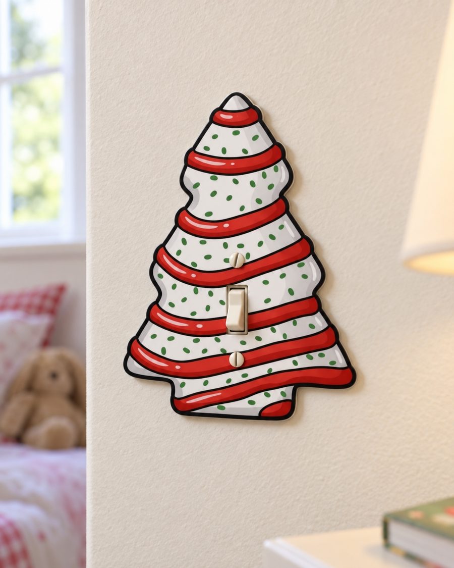 Frosted Christmas Tree Snack Cake Light Switch Cover on a bedroom wall, mounted over a toggle switch