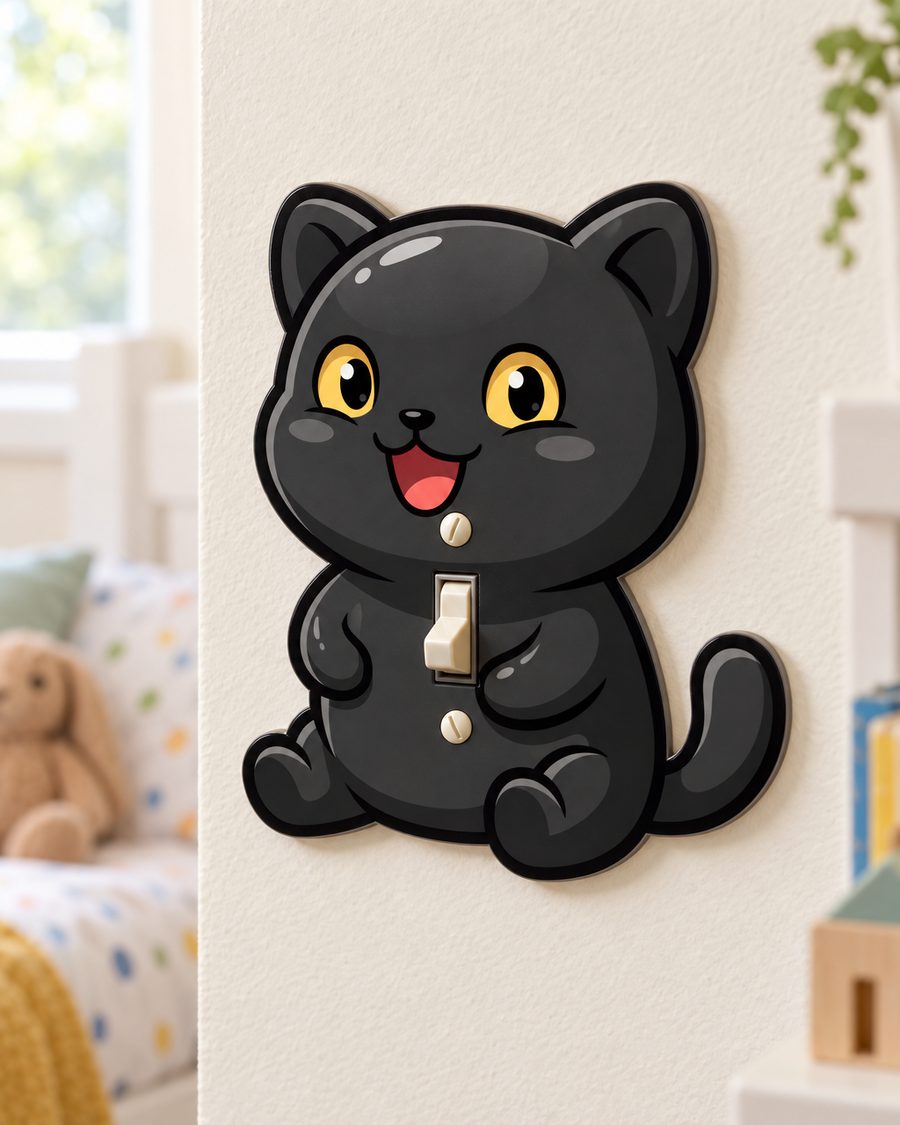 Yellow Eyed Black Cat Light Switch Cover on a bedroom wall, mounted over a toggle switch