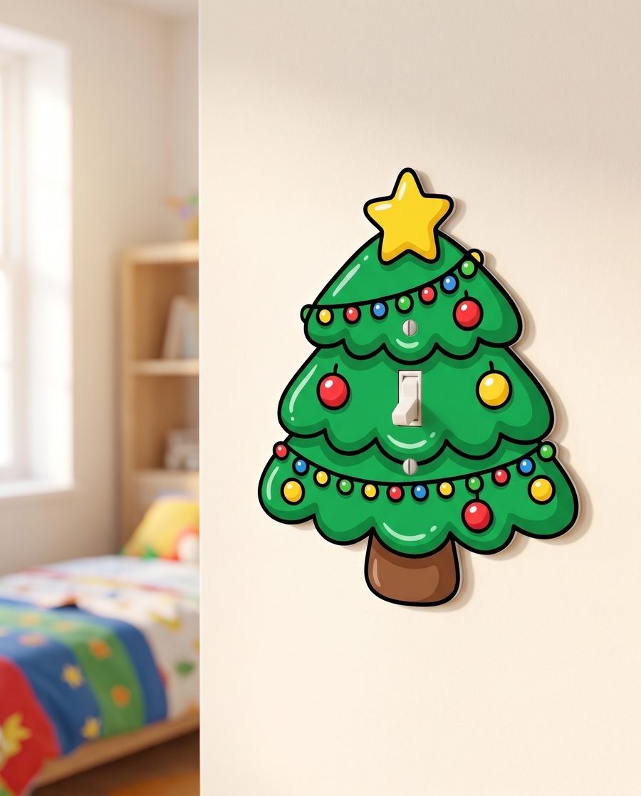 Christmas Tree Light Switch Cover on a bedroom wall, mounted over a toggle switch