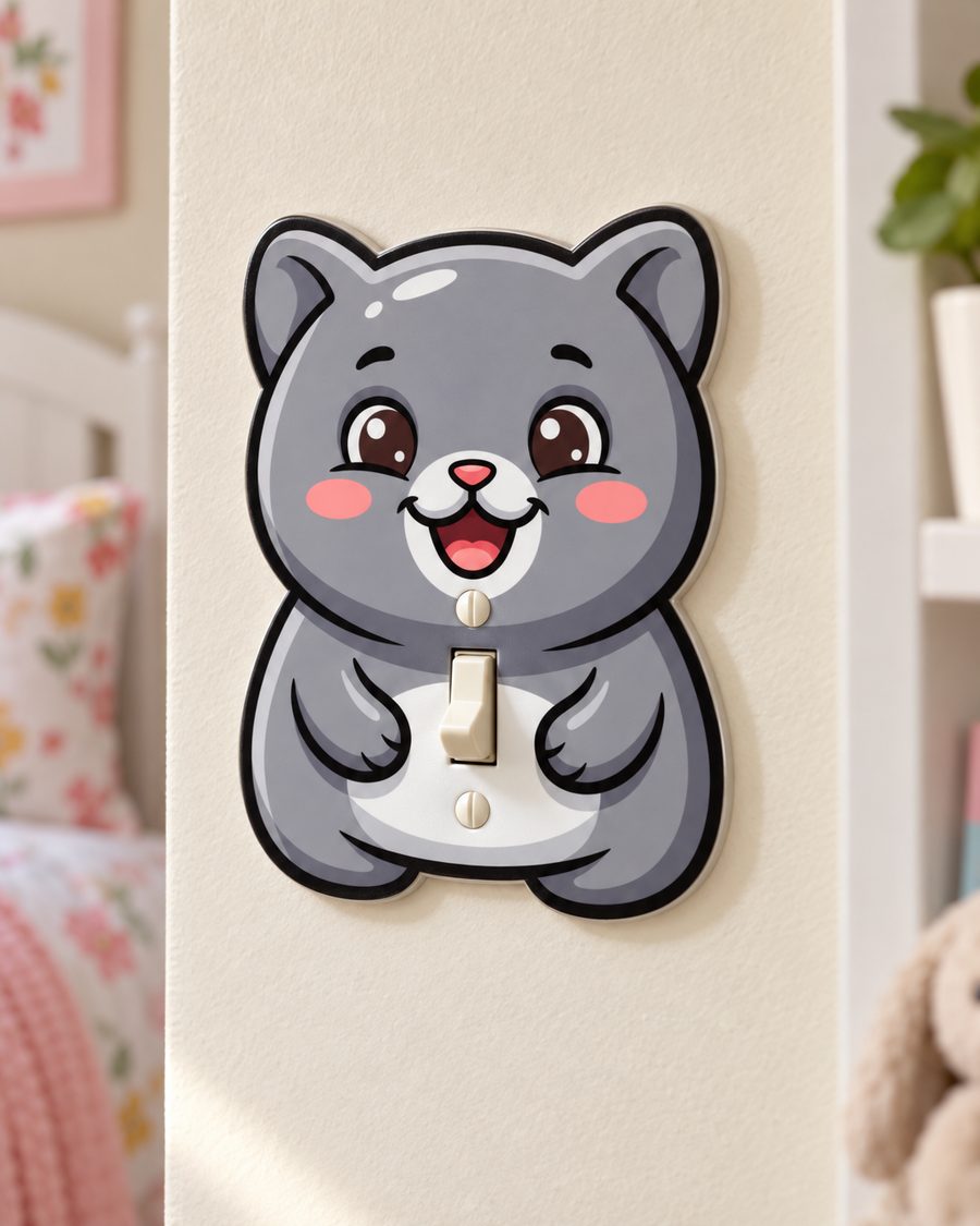 Grinning Grey Cat Light Switch Cover on a bedroom wall, mounted over a toggle switch
