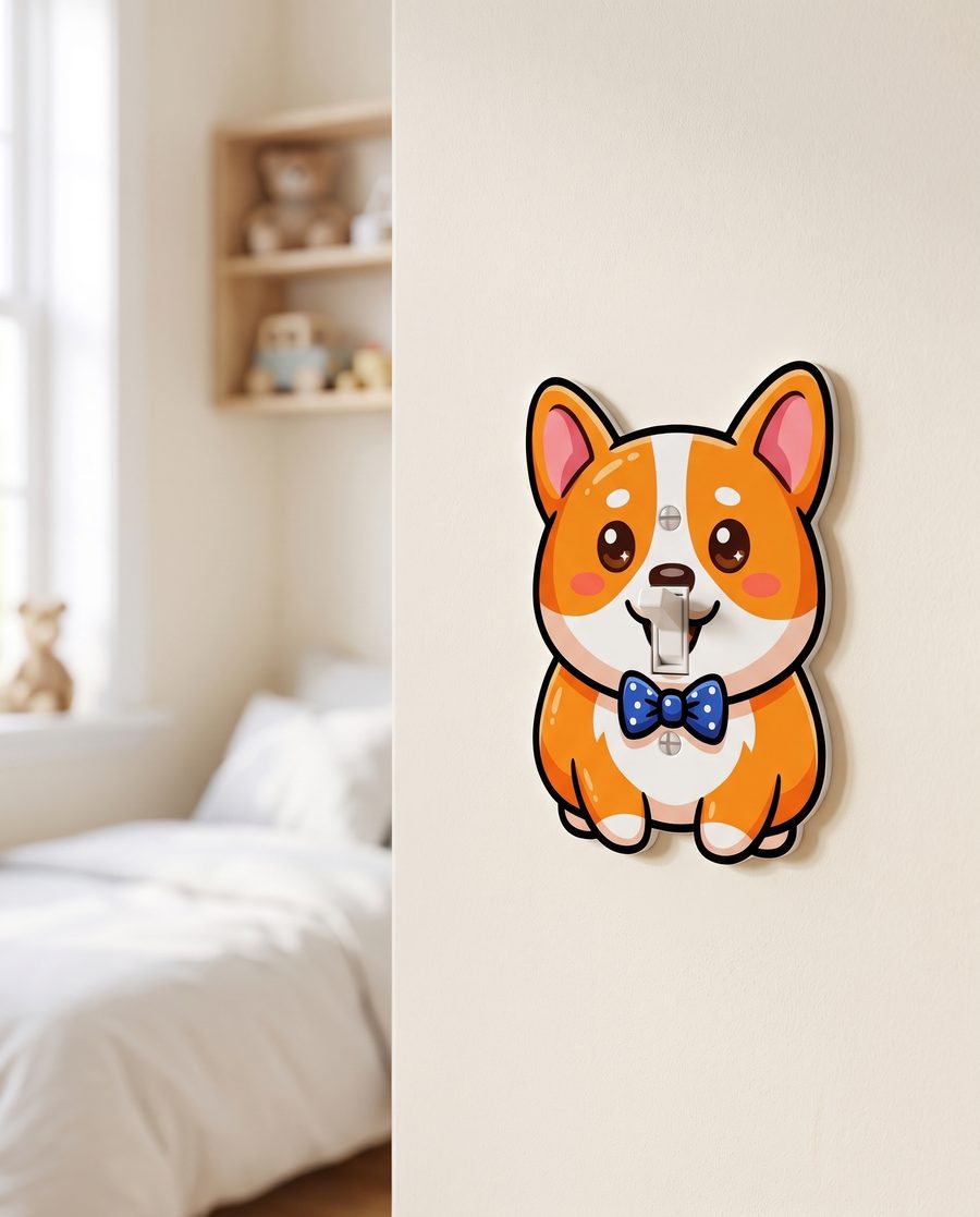 Corgi w/ Bowtie Light Switch Cover on a bedroom wall, mounted over a toggle switch