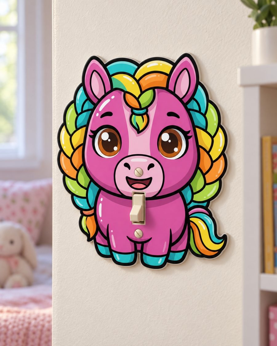Braided Mane Horse Light Switch Cover on a bedroom wall, mounted over a toggle switch
