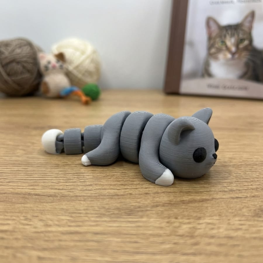 Grey Cat Flexi Mini 3D Printed Articulated Fidget Toy - Desktop Collectible Stress Relief