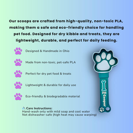 Eco-friendly personalized dog food scoop made from non-toxic, pet-safe PLA. Designed for dry kibble and treats, this lightweight and durable scoop is perfect for daily feeding. Handmade in Ohio, it features a built-in meal tracking switch to help families remember if their dog has been fed. Made from biodegradable material for an environmentally friendly choice. Hand-wash only, not dishwasher-safe. Available in multiple colors and customizable with pet names.