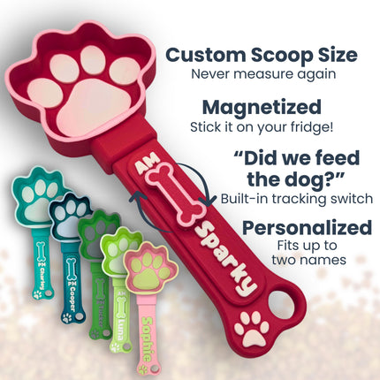 Personalized dog food scoop with a built-in &quot;Did We Feed the Dog?&quot; meal tracking switch. Features a custom scoop size for accurate feeding, ensuring your pet gets the right portion every time. Magnetized design sticks to your fridge for easy access. Helps families track AM and PM meals to prevent overfeeding or missed feedings. Available in multiple colors and customizable with pet names. A must-have pet accessory for organized dog owners.